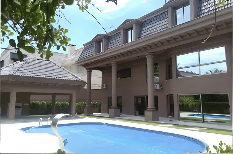 Residência com janelas amplas voltadas para a piscina e o jardim